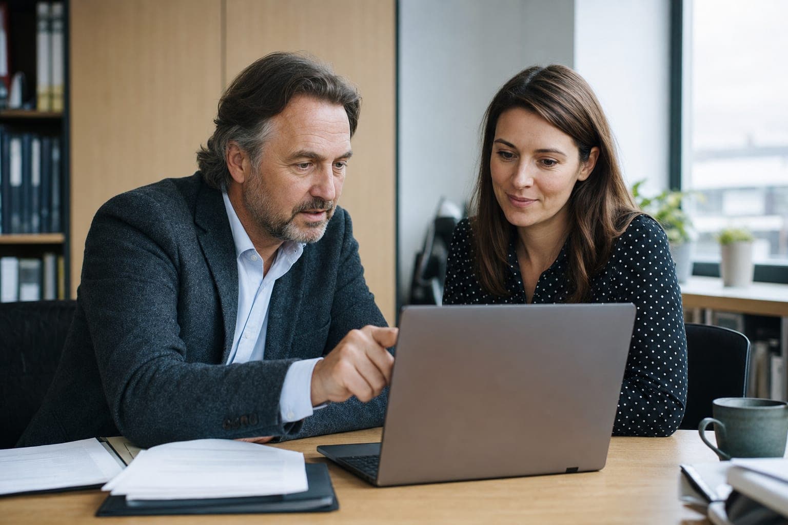 Zwei Personen im Büro besprechen am Laptop die offene Stelle